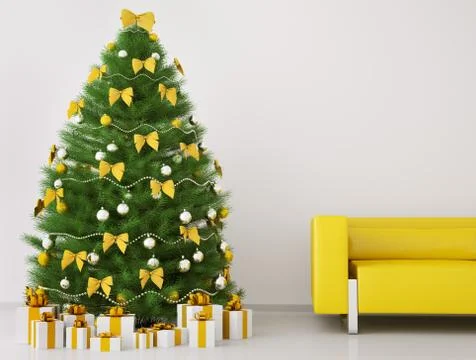 Christmas tree in the room interior 3d render Stock Illustration