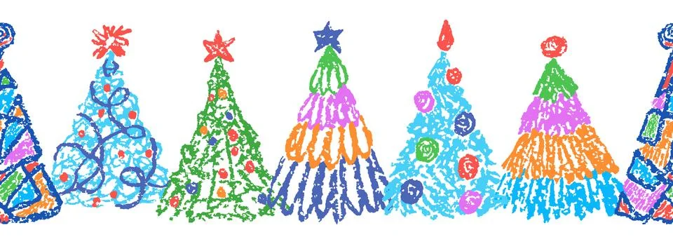 Christmas tree seamless border set. Like child's hand drawing crayon or pencil Stock Illustration