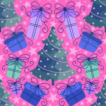 Christmas tree seamless cartoon pattern for wrapping paper and fabrics Stock Illustration