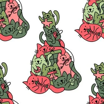 Christmas tree seamless cats pattern for wrapping paper and fabrics and kids Illustrazione stock