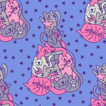 Christmas tree seamless cats pattern for wrapping paper and fabrics and kids Stock Illustration