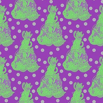 Christmas tree seamless cats pattern for wrapping paper and fabrics and kids Stock Illustration