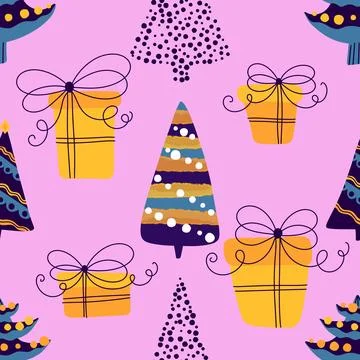 Christmas tree seamless new year pattern for wrapping paper and fabrics Stock Illustration