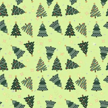 Christmas Tree Seamless Pattern With Decorated Trees and Stars Stock Illustration