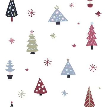 Christmas tree seamless pattern. Doodle xmas tree and snowflakes texture. Han Stock Illustration
