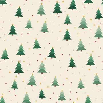 Christmas tree seamless pattern with green fir trees, golden stars and red dots Stock Illustration