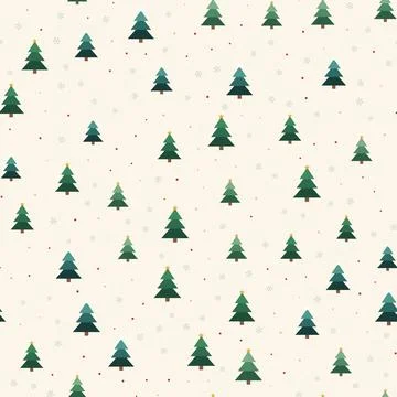 Christmas tree seamless pattern with green and teal fir trees, golden stars, Stock Illustration