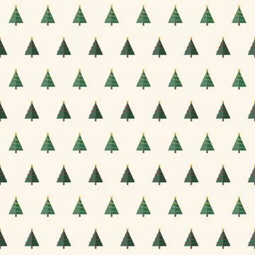 Christmas tree seamless pattern with green fir trees, golden stars and red Stock Illustration