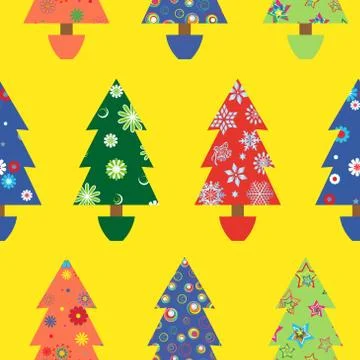 Christmas tree seamless pattern over yellow Stock Illustration