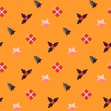 Christmas tree in seamless pattern on red background. Stock Illustration