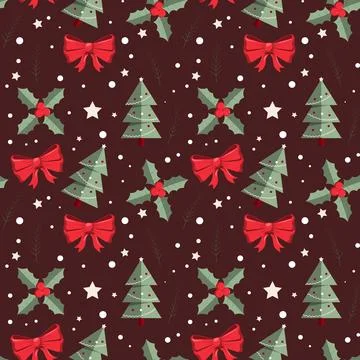 Christmas tree in seamless pattern on red background. Stock Illustration