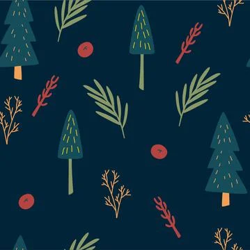 Christmas tree seamless pattern. Scandinavian style woodland plants. Botanica Stock Illustration