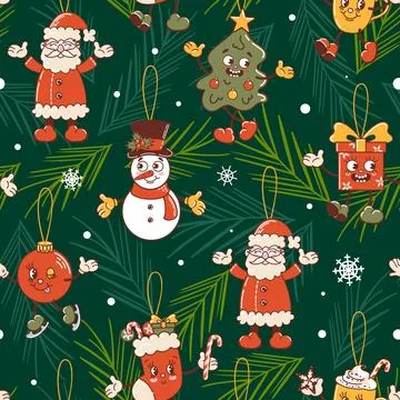 Christmas tree seamless pattern. Snowman, stocking, gift and mug, ball is Stock Illustration
