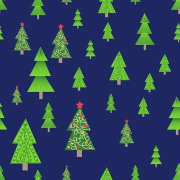 Christmas tree seamless pattern. Winter forest, pine trees and snowflakes Pri 스톡 일러스트