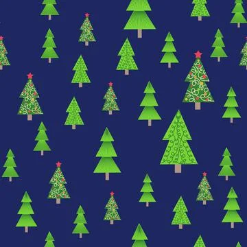 Christmas tree seamless pattern. Winter forest, pine trees and snowflakes Pri 스톡 일러스트