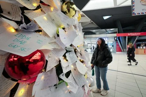 The Christmas tree set up in the central train station in Naples, Italy. Stock Photos