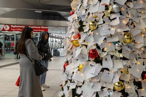 The Christmas tree set up in the central train station in Naples, Italy. Stock Photos