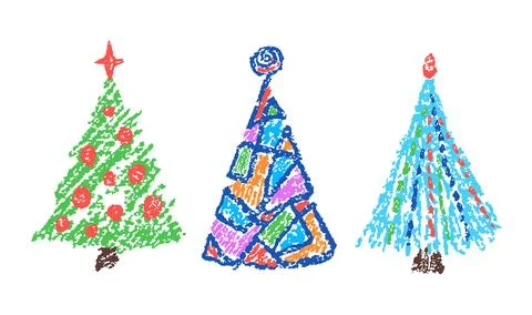 Christmas tree set. Like child's hand drawing crayon or pencil simple naive Stock Illustration