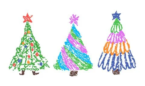 Christmas tree set. Like child's hand drawing crayon or pencil simple naive Stock Illustration