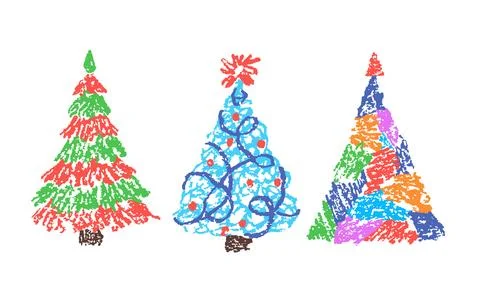 Christmas tree set. Like child's hand drawing crayon or pencil simple naive Stock Illustration