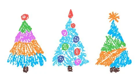 Christmas tree set. Like child's hand drawing crayon or pencil simple naive Stock Illustration