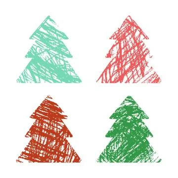 Christmas tree set with crayon hand drawing artistic stroke. Stock Illustration