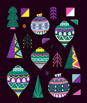 Christmas tree set vector. Christmas toy icons, xmas balls for banner, poster 스톡 일러스트