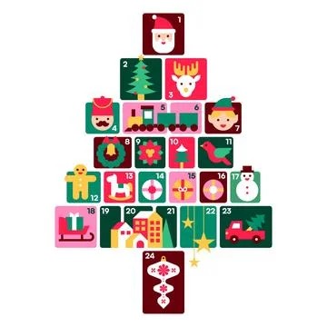 Christmas Tree Shape Advent Calendar with Cute Winter Icons Santa Elf Snowm.. Stock Illustration