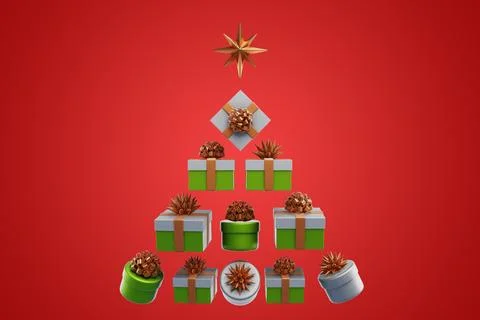 Christmas tree shape from gift boxes on a red background. Stock-Illustration