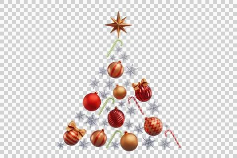 Christmas tree shape made from decorations baubles snowflakes candy canes. Illustrazione stock