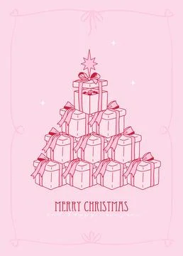 Christmas tree shape made from gift boxes. Minimalist contour romantic design Illustrazione stock