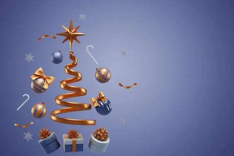 Christmas tree shape made from ribbon, gift box and decorations with balls Illustrazione stock