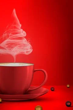 Christmas tree shape of steaming coffee cup and christmas ball on floor on .. Stock Photos