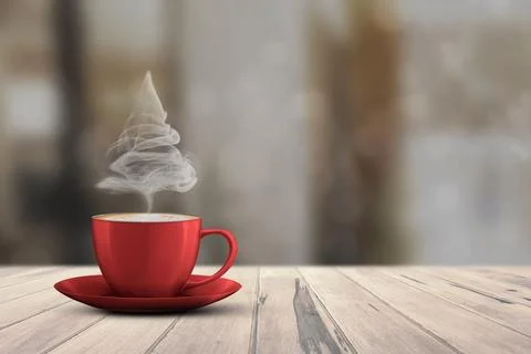 Christmas tree shape of steaming coffee cup on white wooden floor against b.. Stock Photos