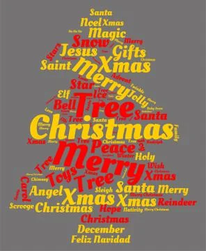 Christmas tree shaped cloud with typographic word collage in red and yellow c Stock Illustration
