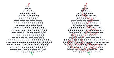 Christmas tree shaped maze with red path solution. Puzzle game for holiday ac Stock Illustration
