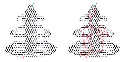 Christmas tree shaped maze with red path solution. Puzzle game for holiday ac Stock Illustration