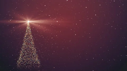 Christmas tree with shining light and falling snow on colourful background Stock Footage 220889419