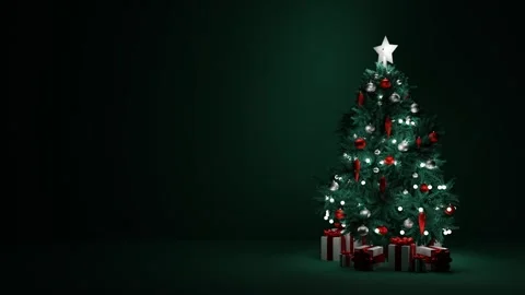 Christmas tree with silver star and lights on dark green background Video stock 291872024
