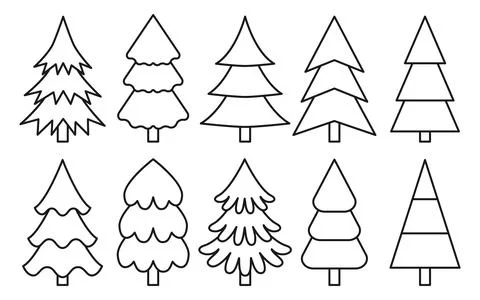 Christmas tree simple black line icons vector set Stock Illustration
