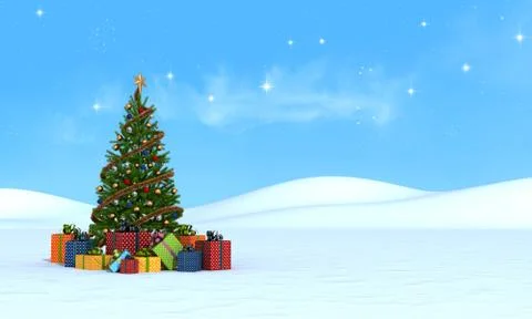 Christmas tree  on snow - rendering Stock Illustration