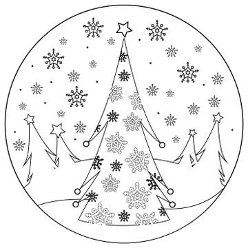 Christmas tree in the snow. Vector black and white coloring page Stock Illustration