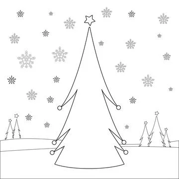 Christmas tree in the snow. Vector black and white coloring page. Stock Illustration