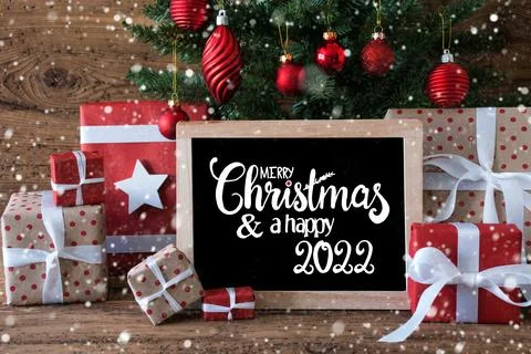 Christmas Tree, Snowflake, Gift, Text Merry Christmas And A Happy 2022 Stock Photos