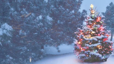 Christmas tree, snowy night, loop. Tree with balls and gerlando in the woods Stock Footage 83209445