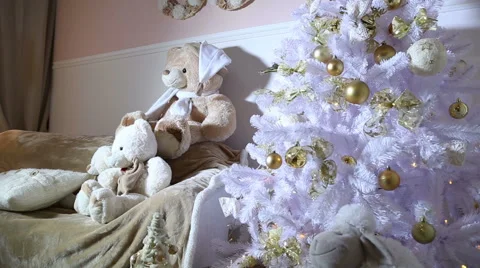 Christmas tree, sofa, soft toys in the room Stock Footage 46354343