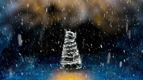 Christmas tree spinning with blinking lights under falling snow Stock Footage 143151019