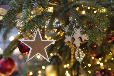 Christmas tree on the square of the city. New Year's festive Christmas balls Stock Photos