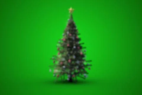Christmas tree is standing in 3D render with green backdrop, multicolored Stock Illustration