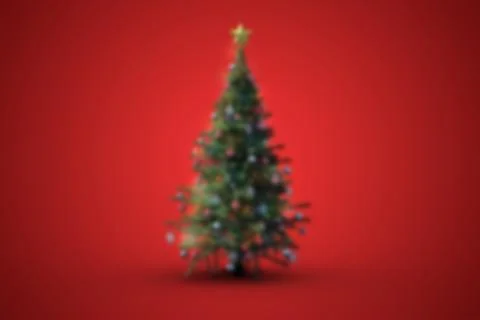 Christmas tree is standing in flat design on red backdrop with gold star topper, Stock Illustration